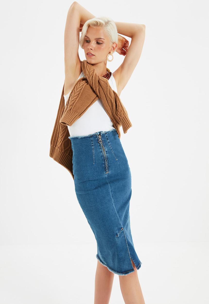 Trendyol - Zip detail denim midi skirt - blue