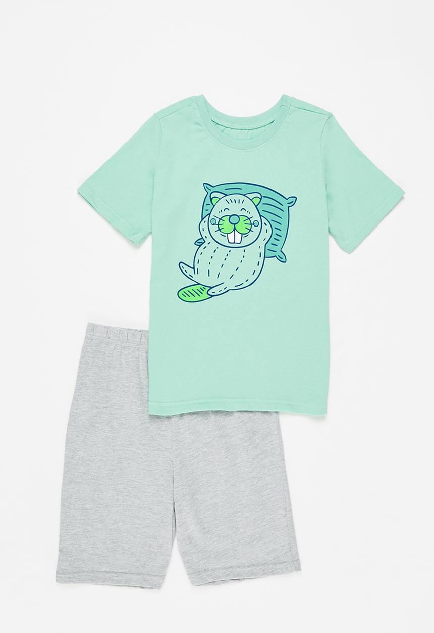 Pop Candy - Tee & shorts pj set - aqua & grey