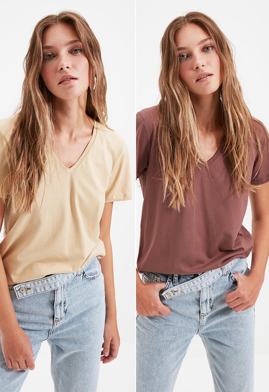 Trendyol - Kahverengi-bej t-shirt 2-pack - brown & beige