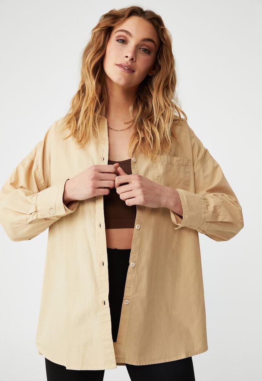 Cotton On - Petite dad shirt - linen taupe