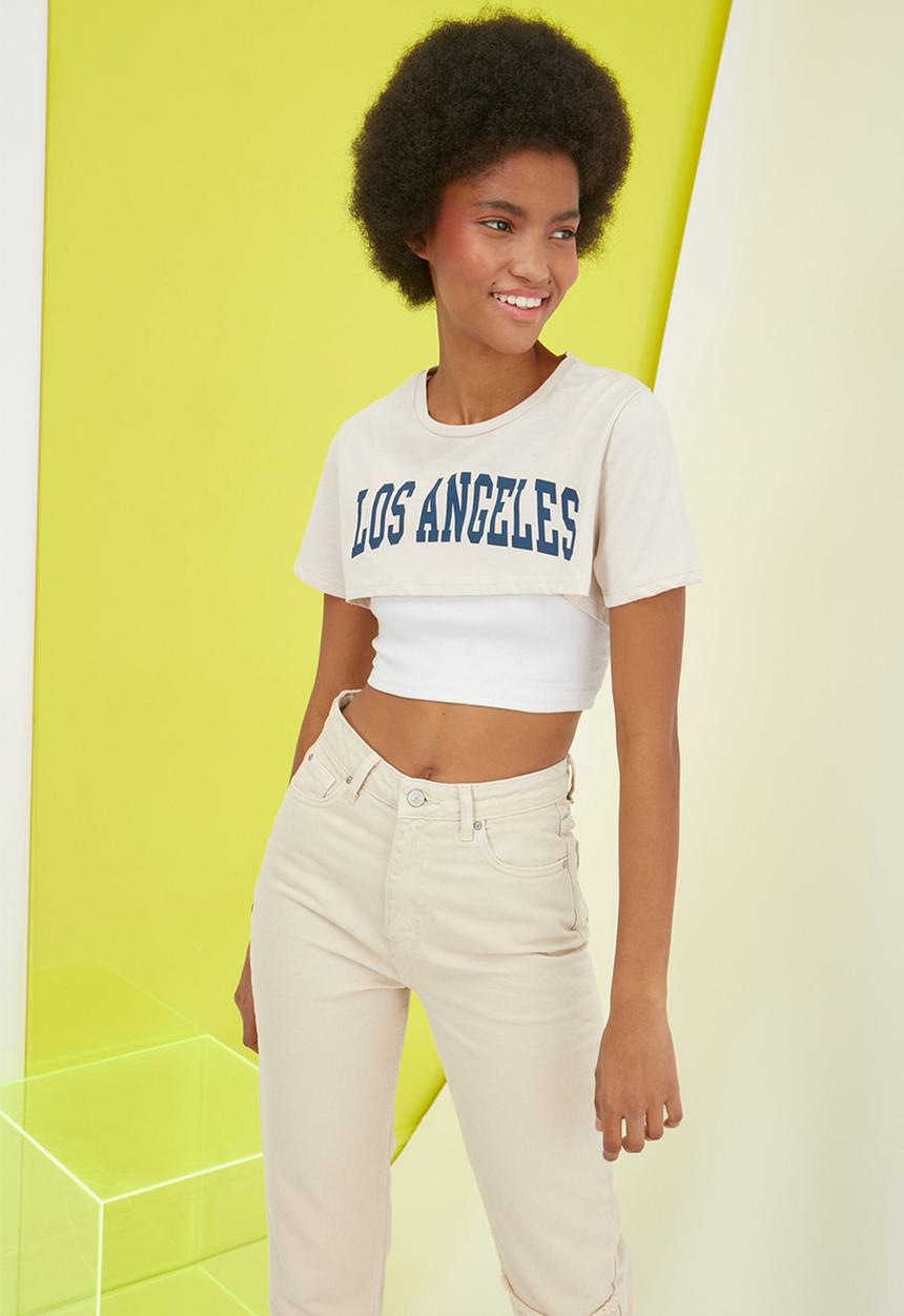 Trendyol - Printed crop knitted t-shirt - stone