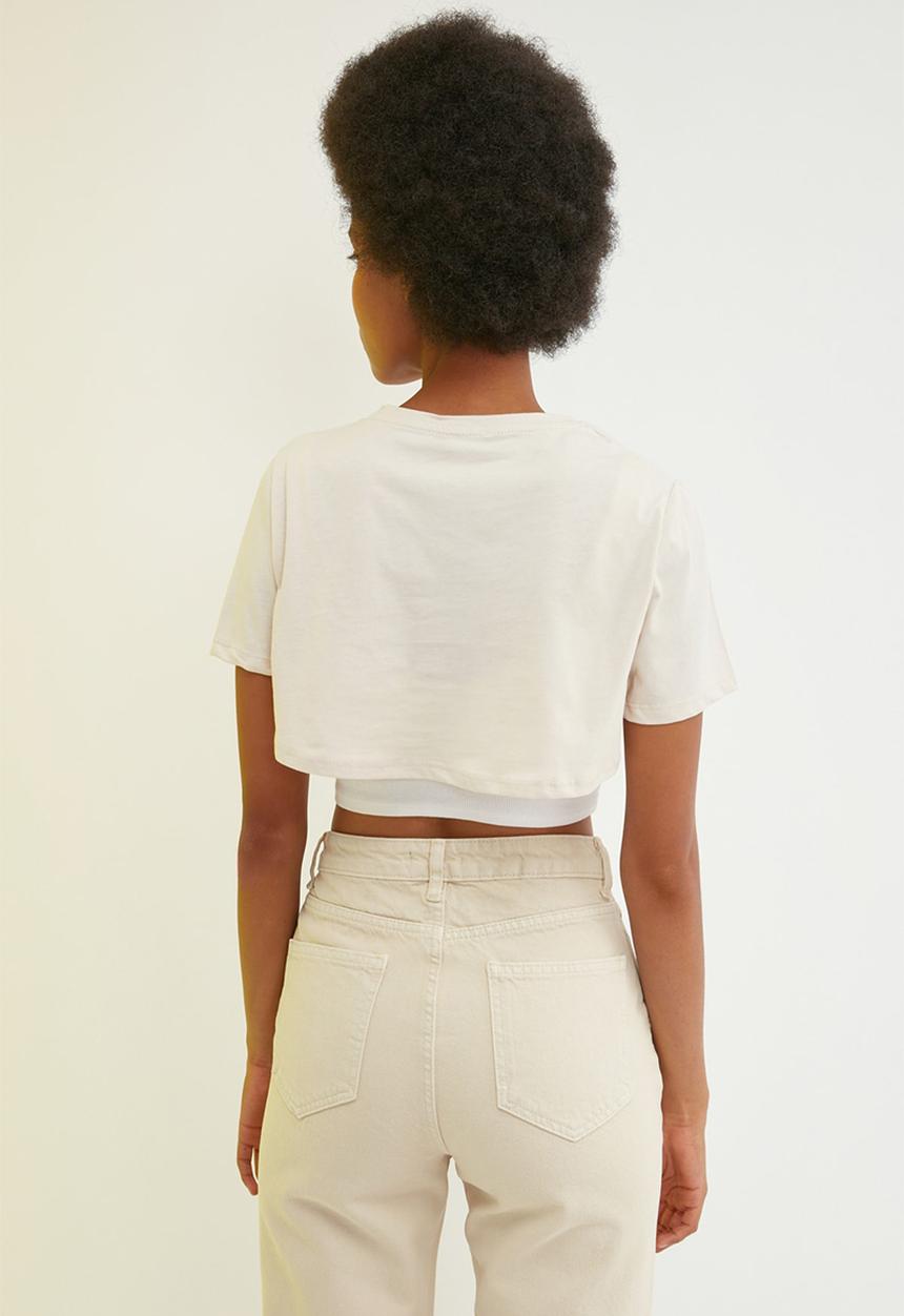 Trendyol - Printed crop knitted t-shirt - stone