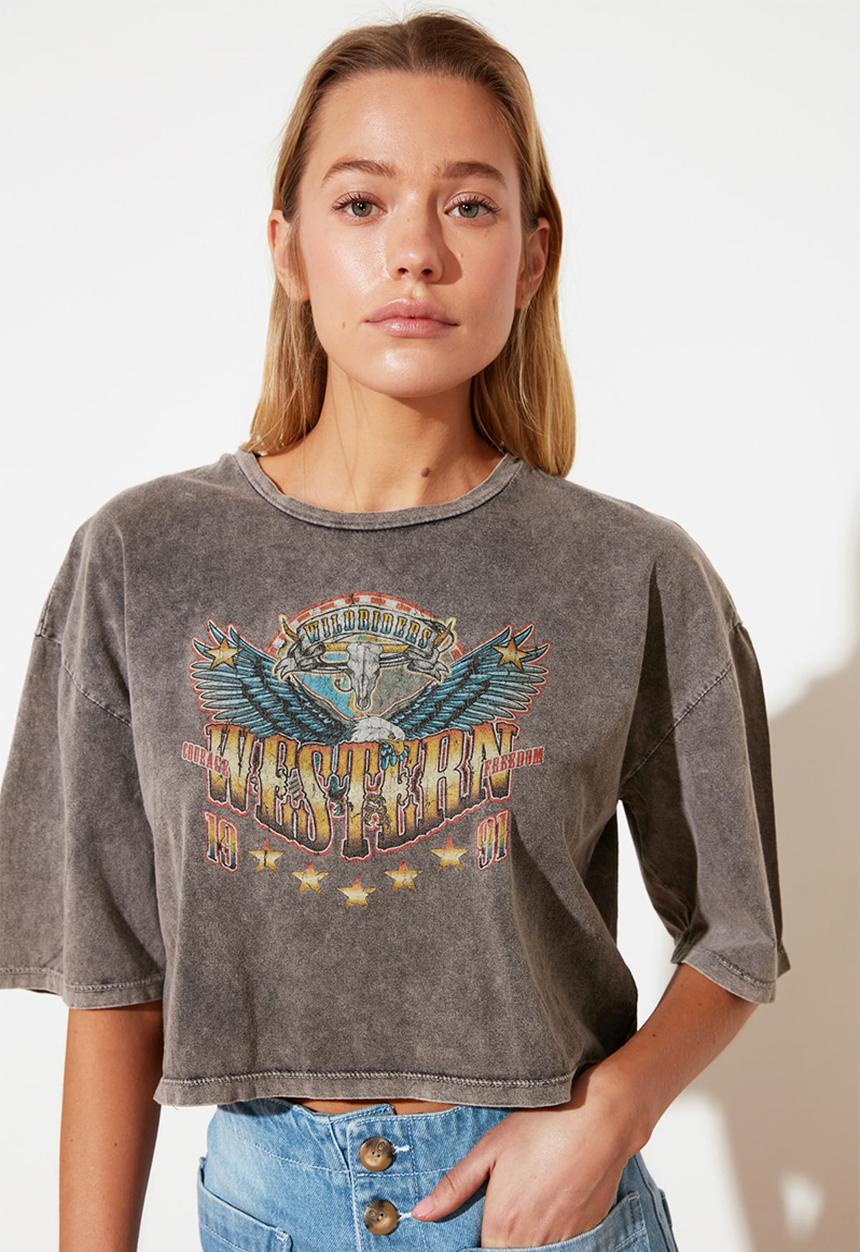 Trendyol - Washed loose printed crop t-shirt - anthracite