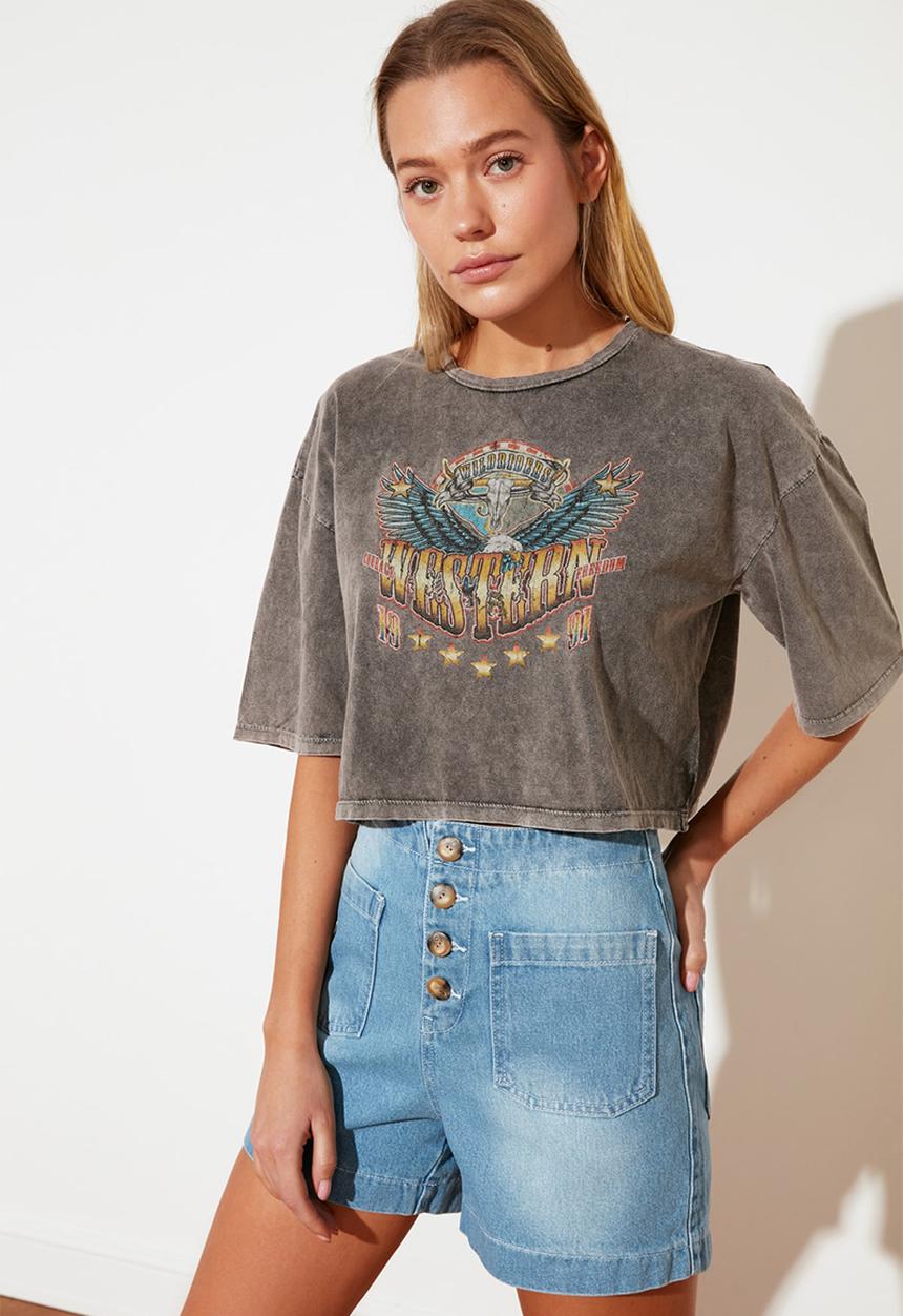 Trendyol - Washed loose printed crop t-shirt - anthracite