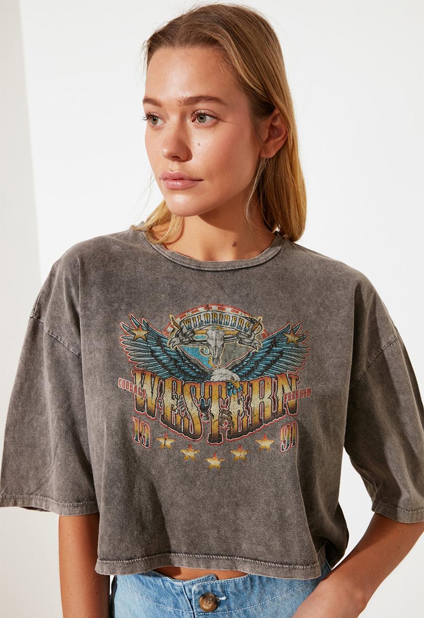 Trendyol - Washed loose printed crop t-shirt - anthracite