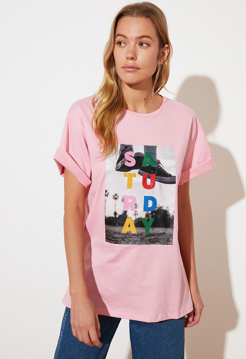 Trendyol - Printed boyfriend T-shirt - pink