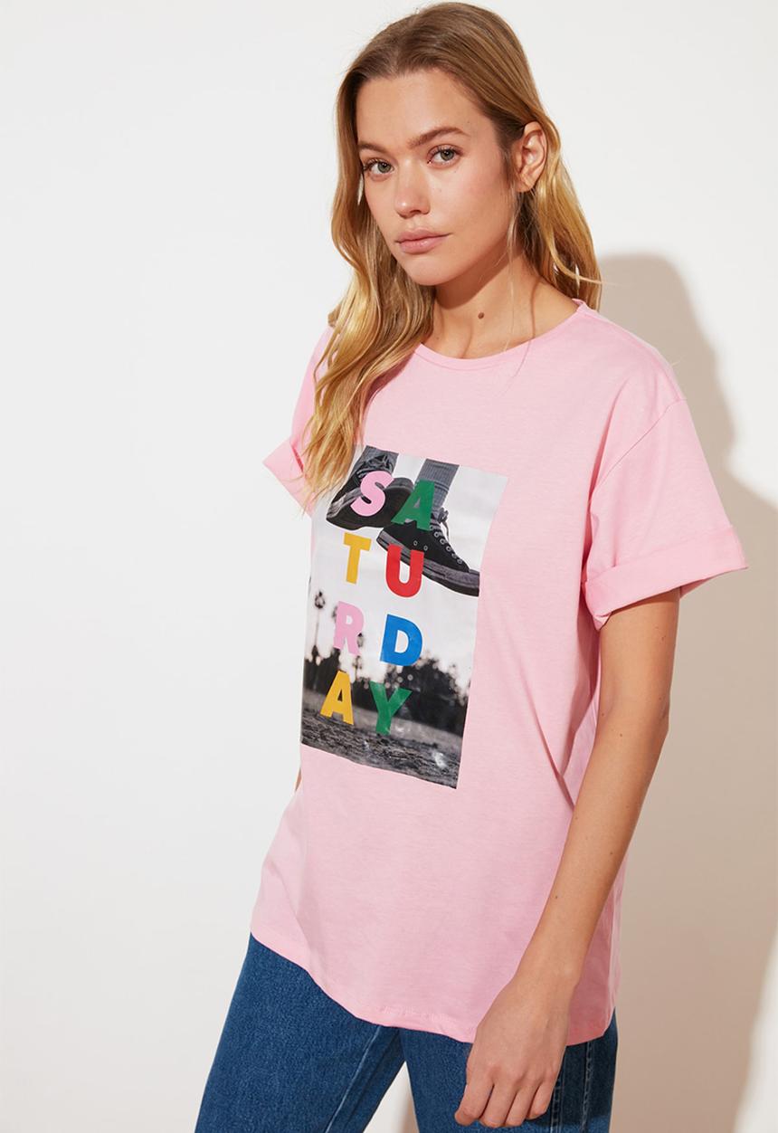 Trendyol - Printed boyfriend T-shirt - pink
