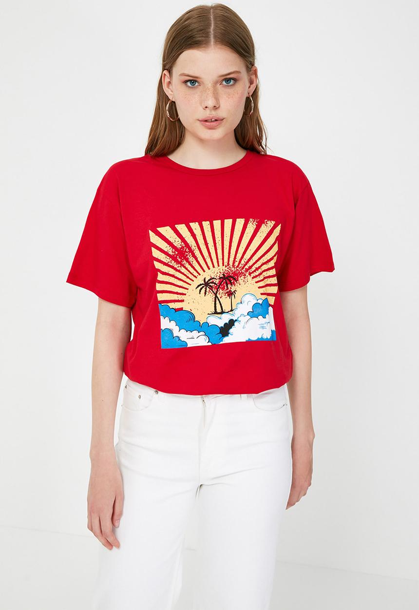 Trendyol - Back printed boyfriend knitted t-shirt - red