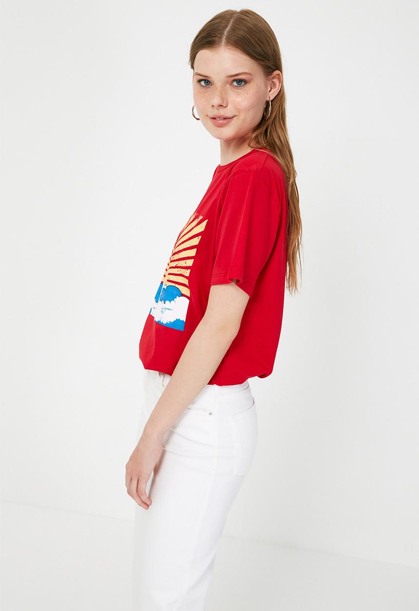 Trendyol - Back printed boyfriend knitted t-shirt - red