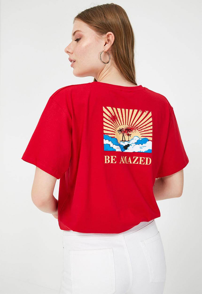 Trendyol - Back printed boyfriend knitted t-shirt - red