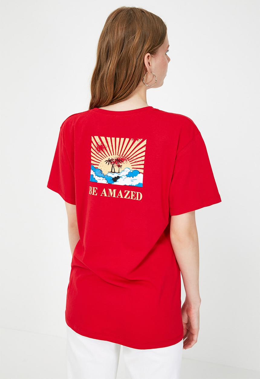 Trendyol - Back printed boyfriend knitted t-shirt - red