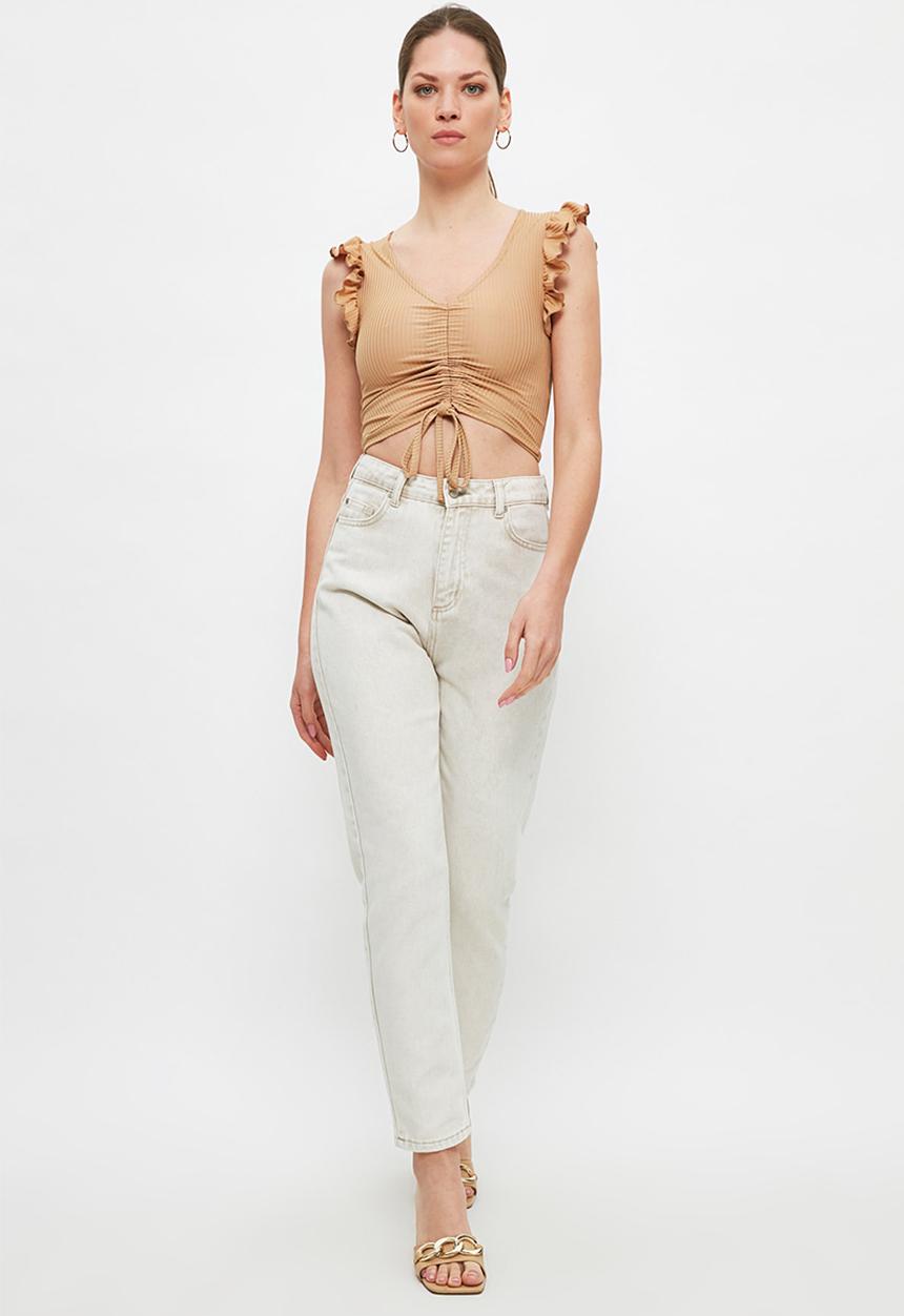 Trendyol - Pleated ribbed crop knit top - camel
