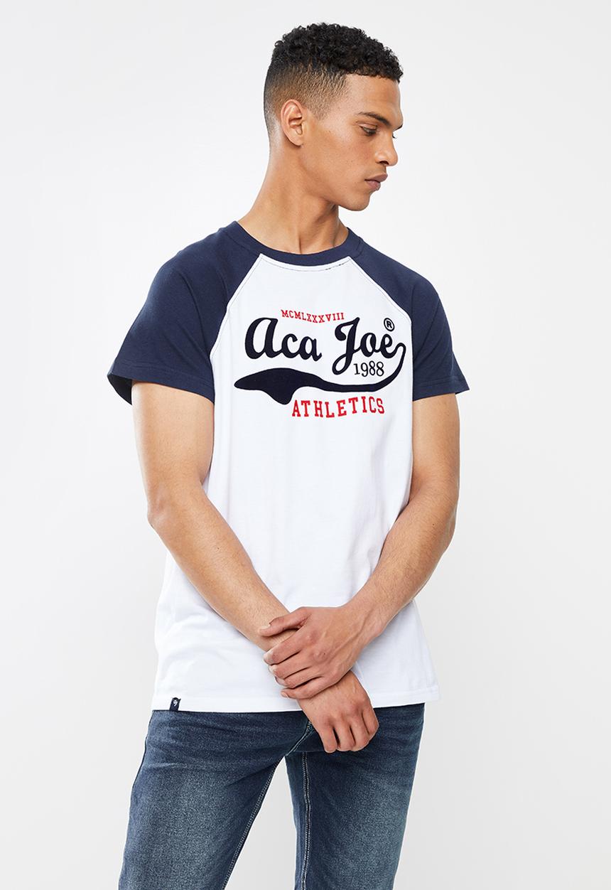 Aca Joe - Flock printed raglan tee - white & blue 