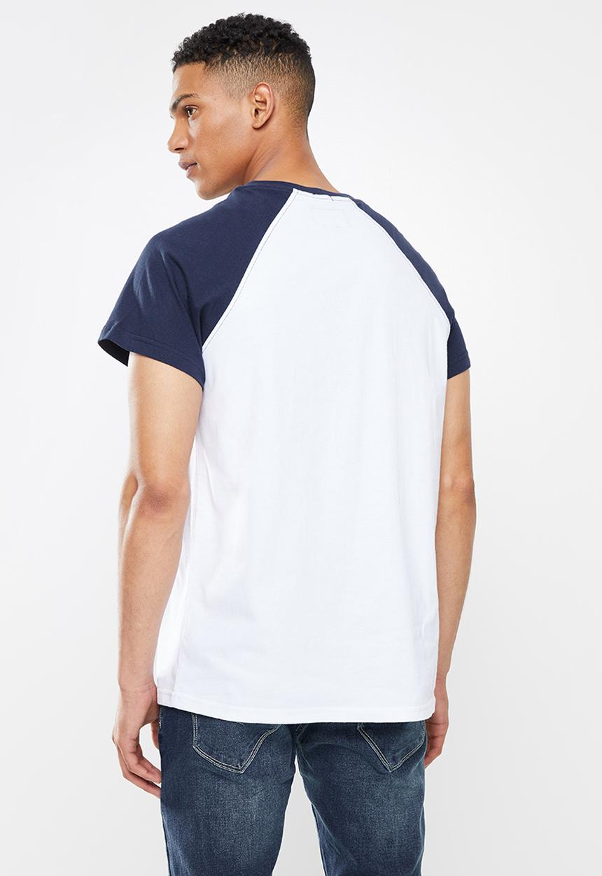 Aca Joe - Flock printed raglan tee - white & blue 