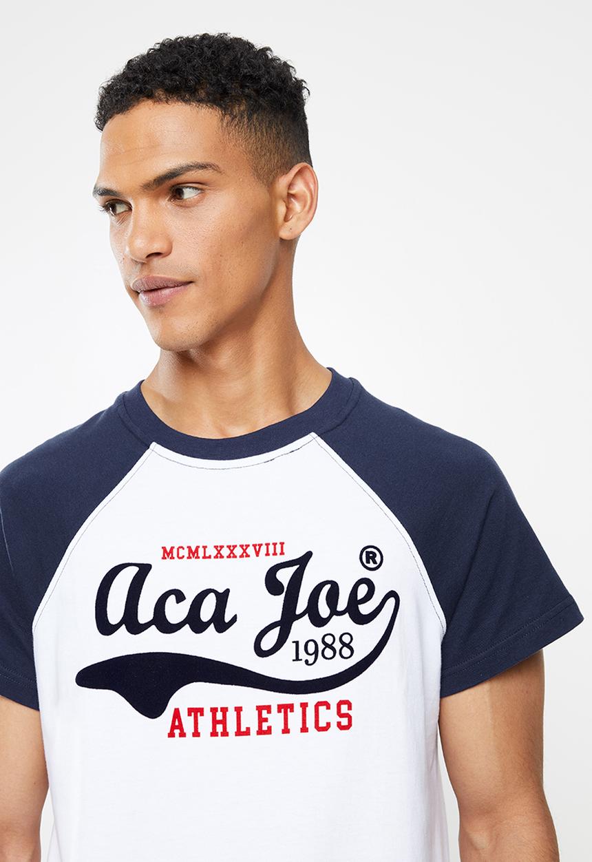 Aca Joe - Flock printed raglan tee - white & blue 