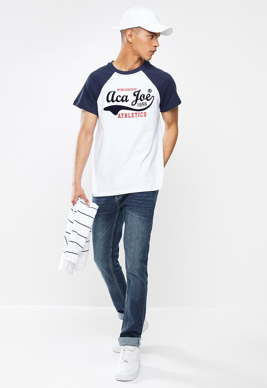 Aca Joe - Flock printed raglan tee - white & blue 