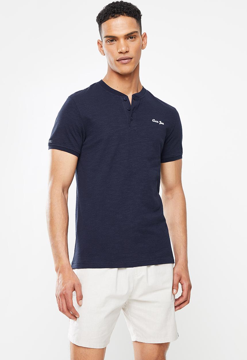 Aca Joe - Grandpa collar flock print henley - navy