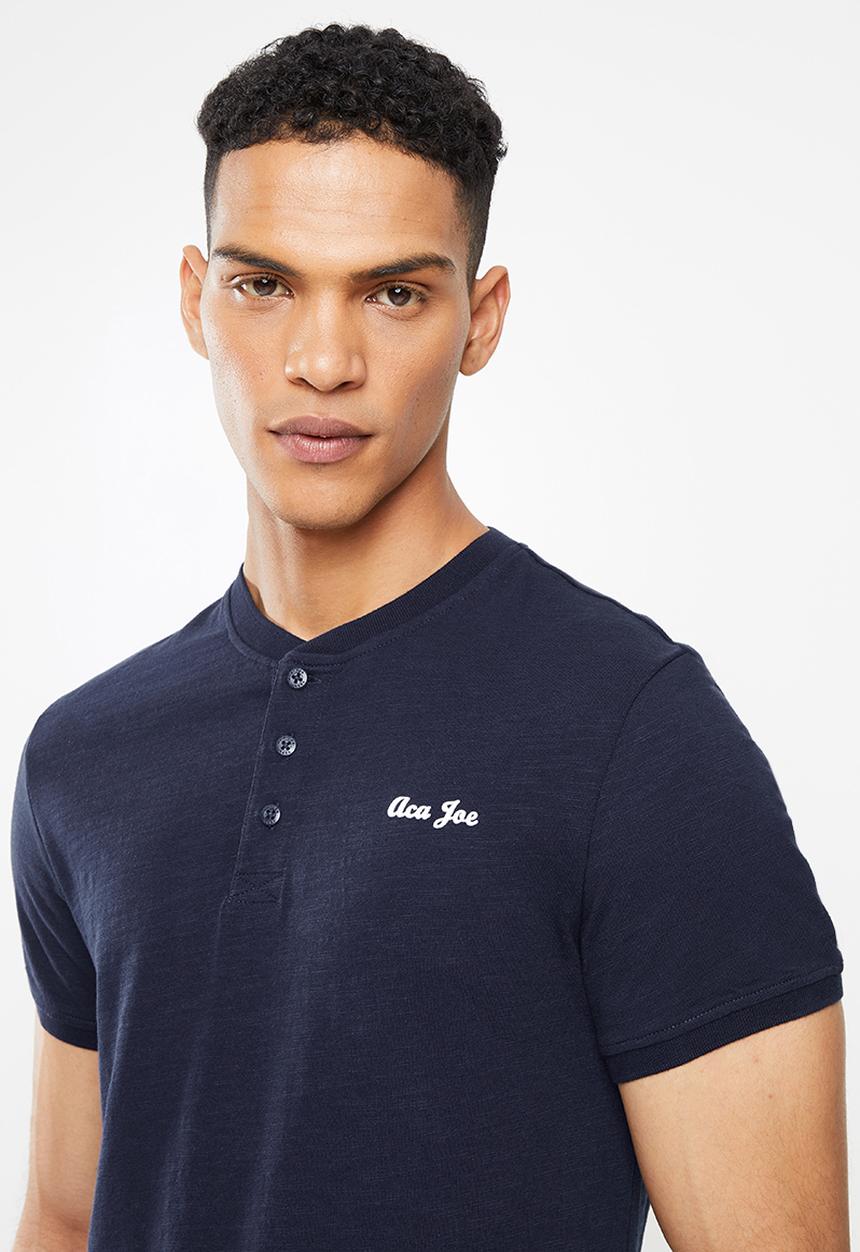 Aca Joe - Grandpa collar flock print henley - navy