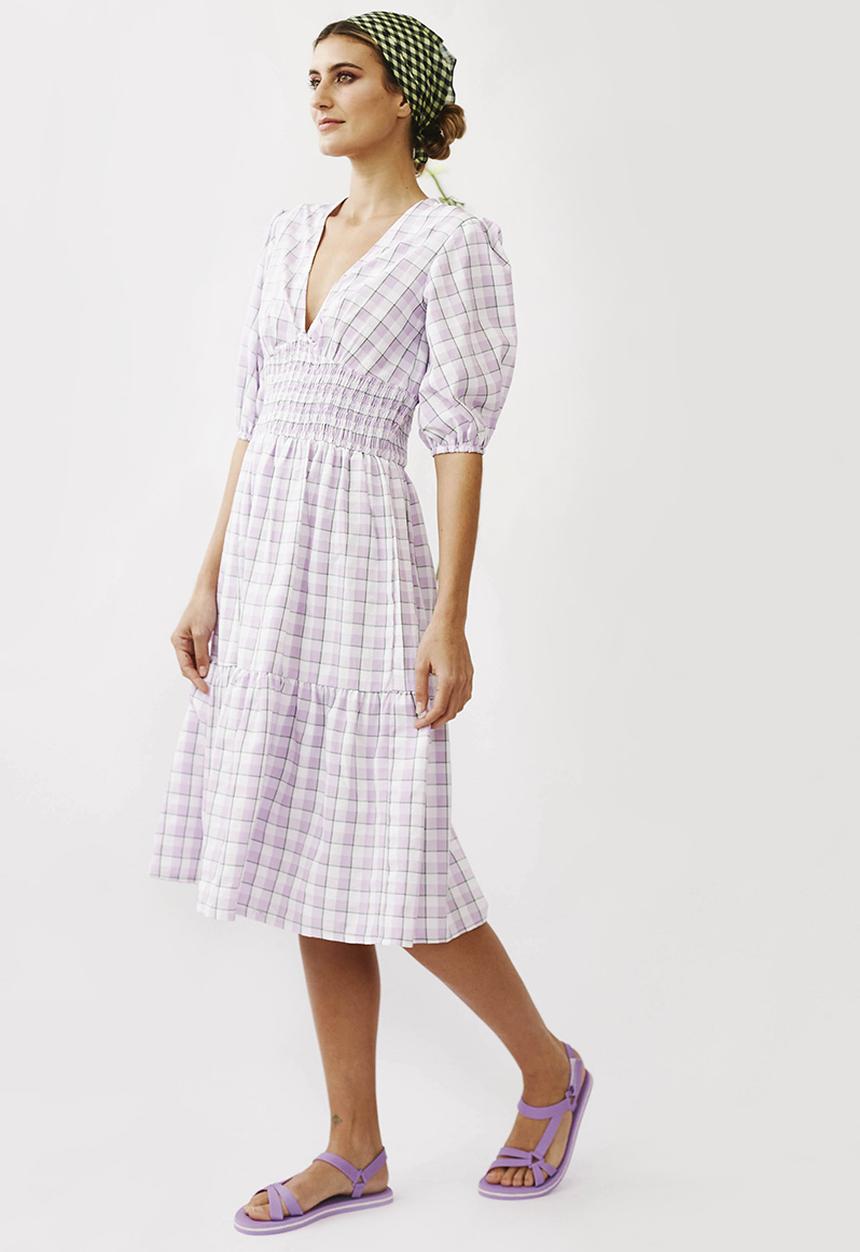 Me&B - Shirred basque midi dress with puff sleeves - lilac 