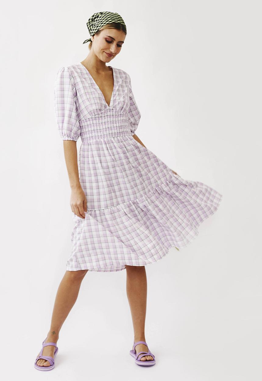 Me&B - Shirred basque midi dress with puff sleeves - lilac 