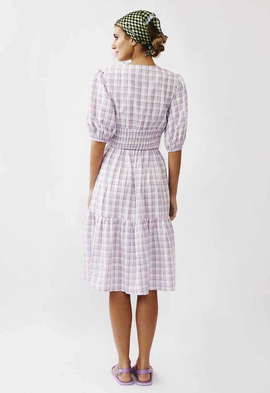 Me&B - Shirred basque midi dress with puff sleeves - lilac 