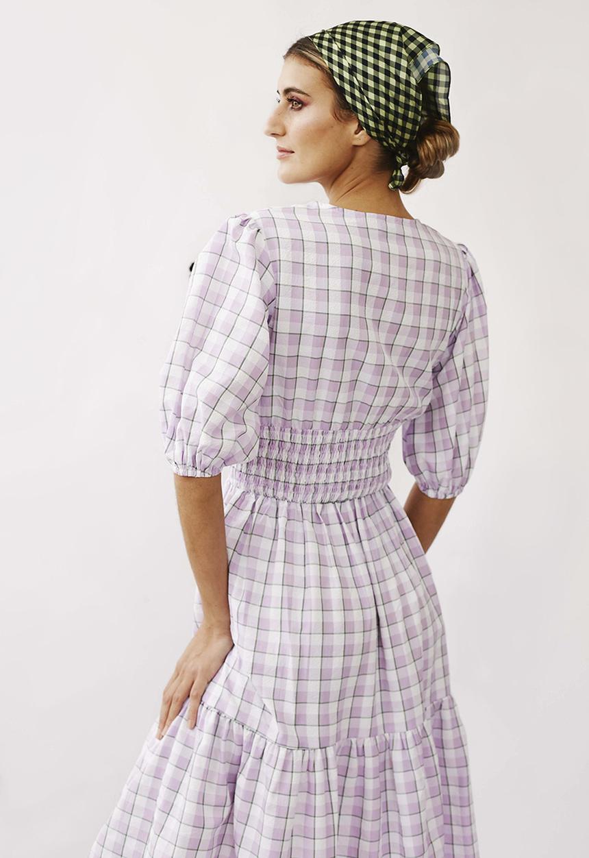 Me&B - Shirred basque midi dress with puff sleeves - lilac 