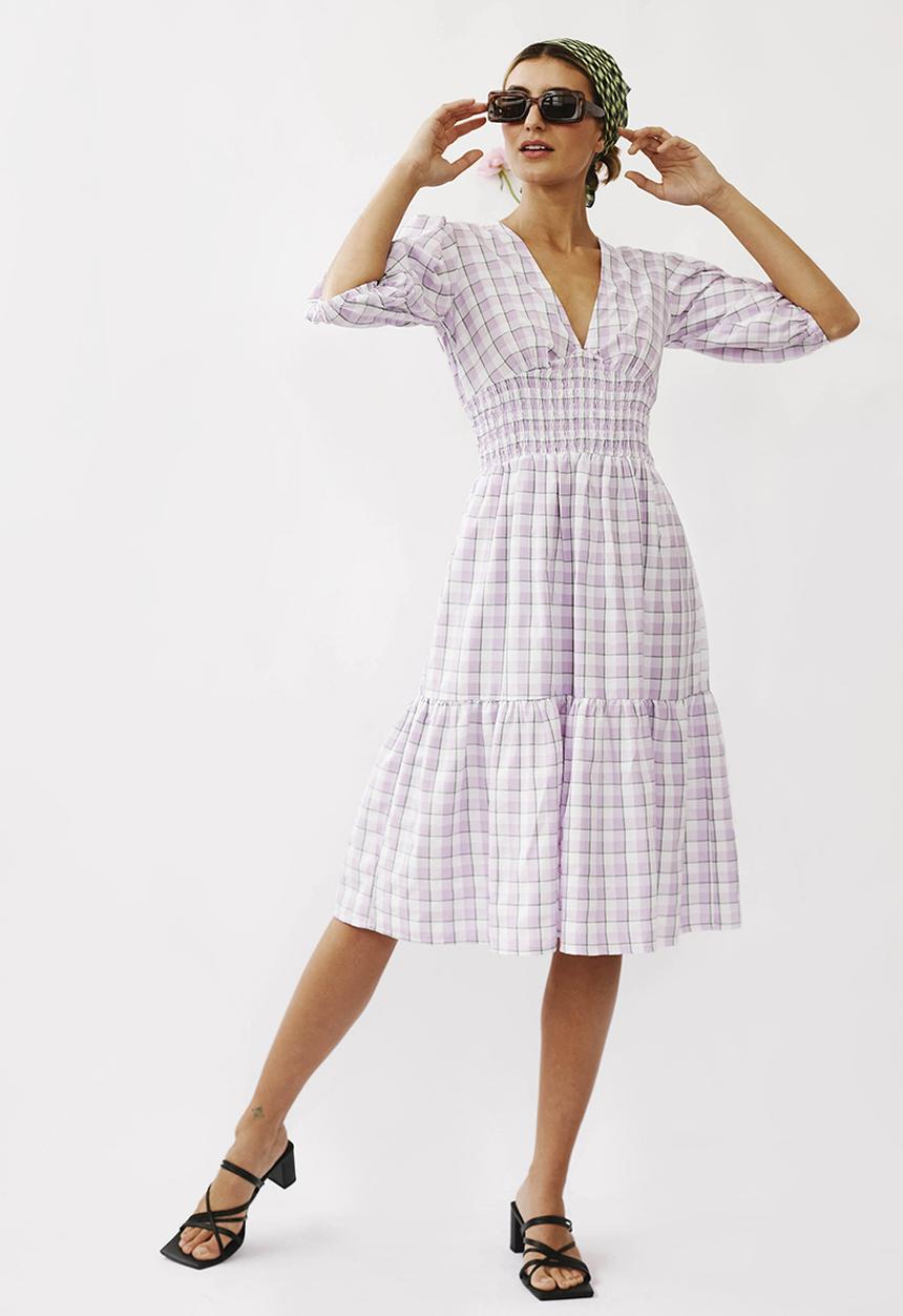 Me&B - Shirred basque midi dress with puff sleeves - lilac 