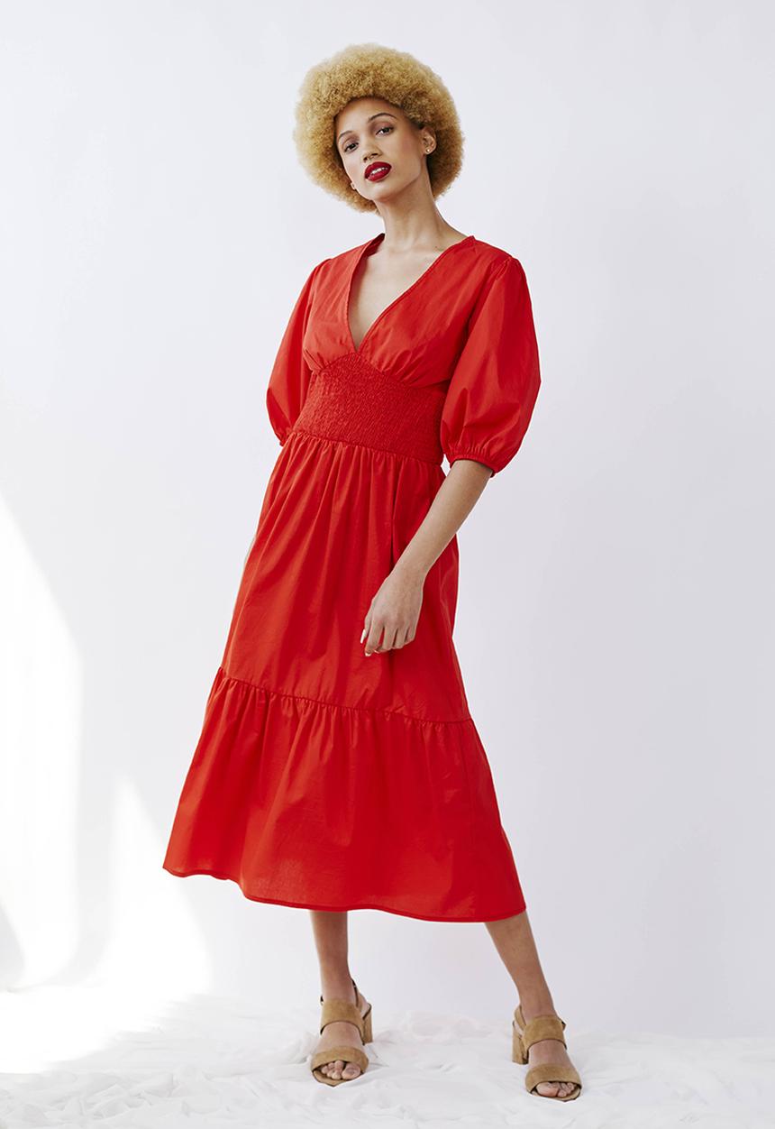 Me&B - Shirred basque midi dress with puff sleeves - red 