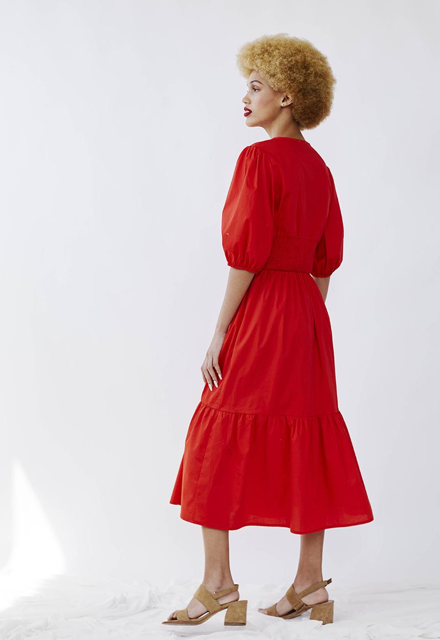 Me&B - Shirred basque midi dress with puff sleeves - red 