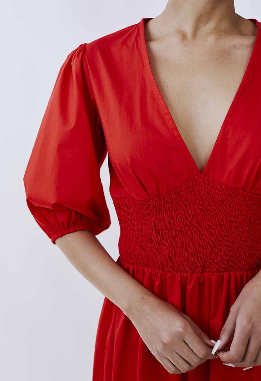 Me&B - Shirred basque midi dress with puff sleeves - red 