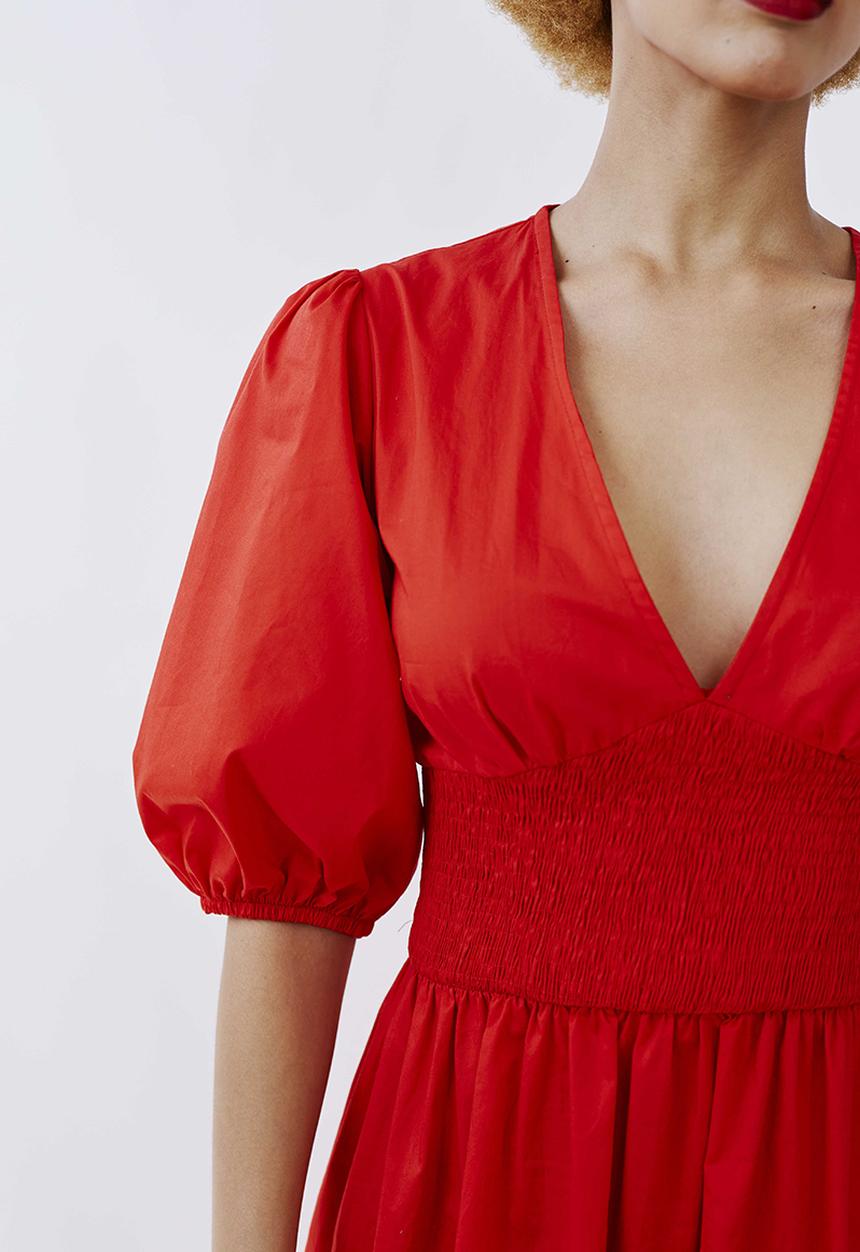 Me&B - Shirred basque midi dress with puff sleeves - red 
