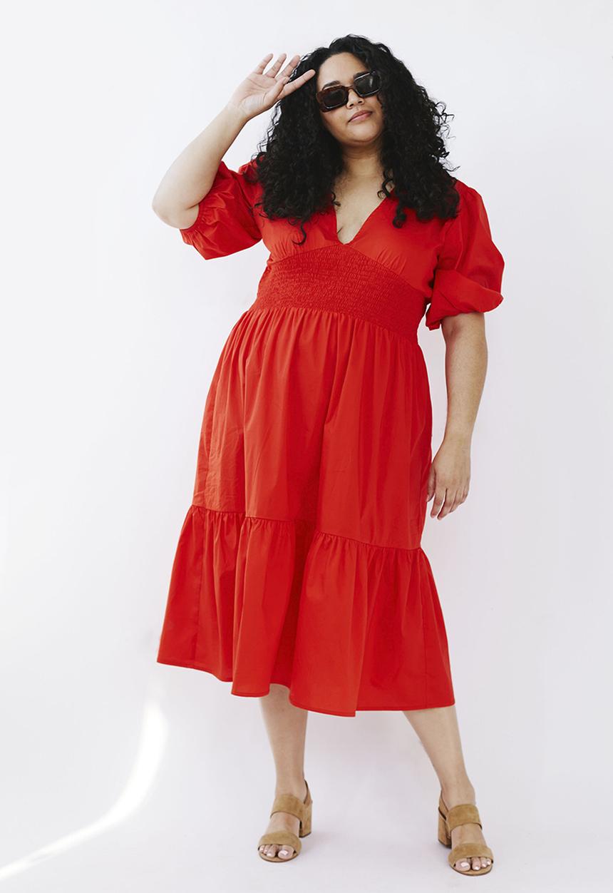 Me&B - Plus shirred basque midi dress with puff sleeves - red 