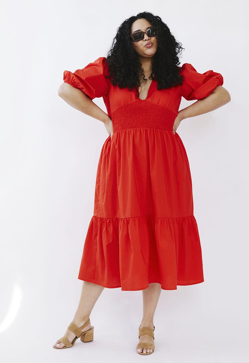 Me&B - Plus shirred basque midi dress with puff sleeves - red 