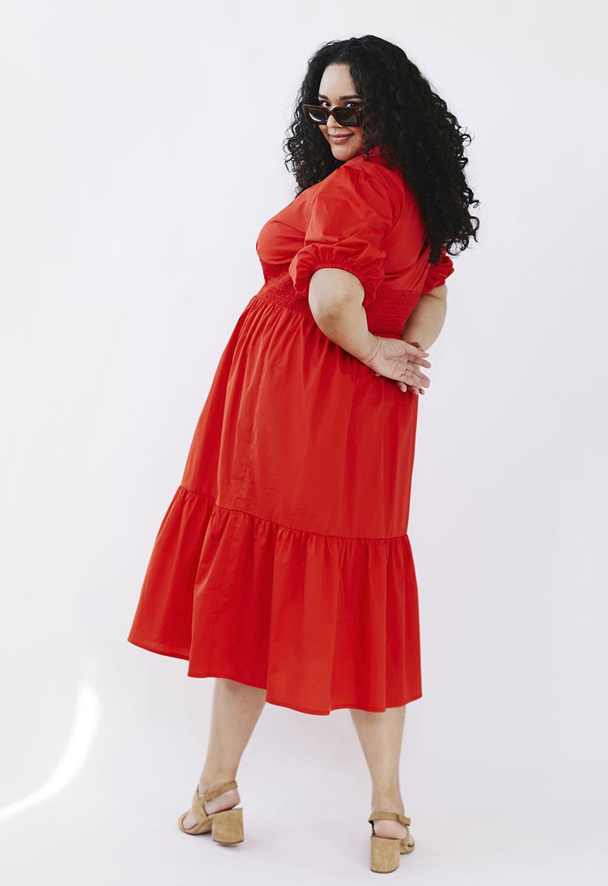 Me&B - Plus shirred basque midi dress with puff sleeves - red 
