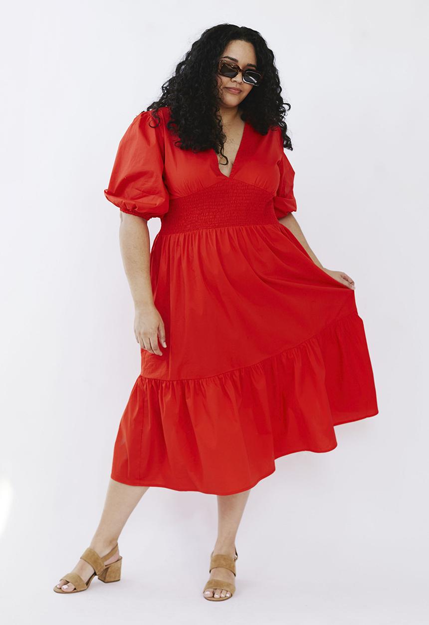 Me&B - Plus shirred basque midi dress with puff sleeves - red 