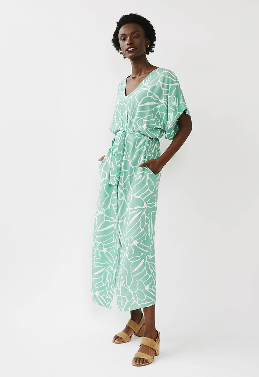 Me&B - Kimono sleeve V-neck button through dress - green & white