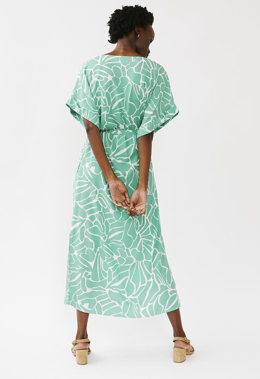Me&B - Kimono sleeve V-neck button through dress - green & white