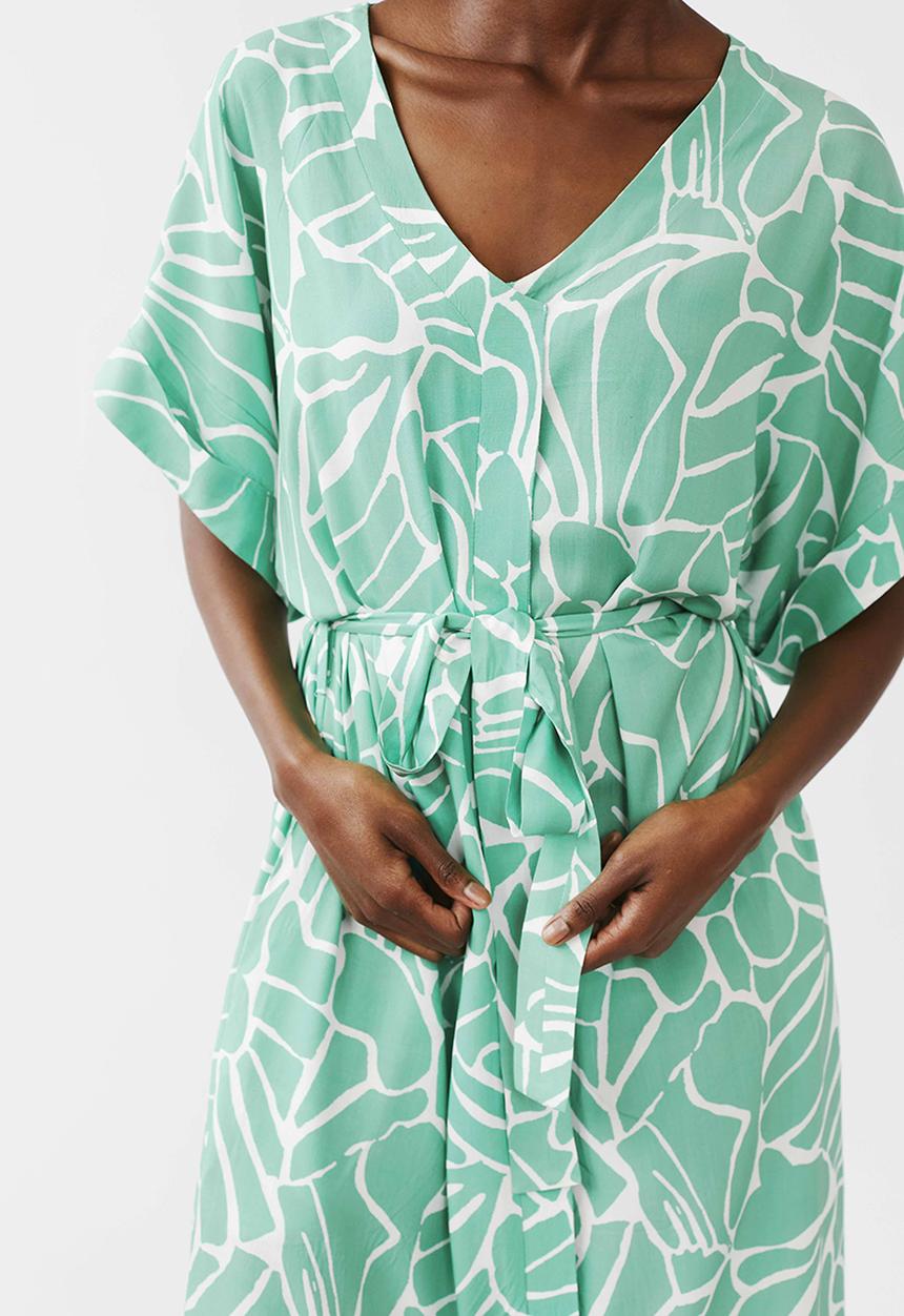 Me&B - Kimono sleeve V-neck button through dress - green & white