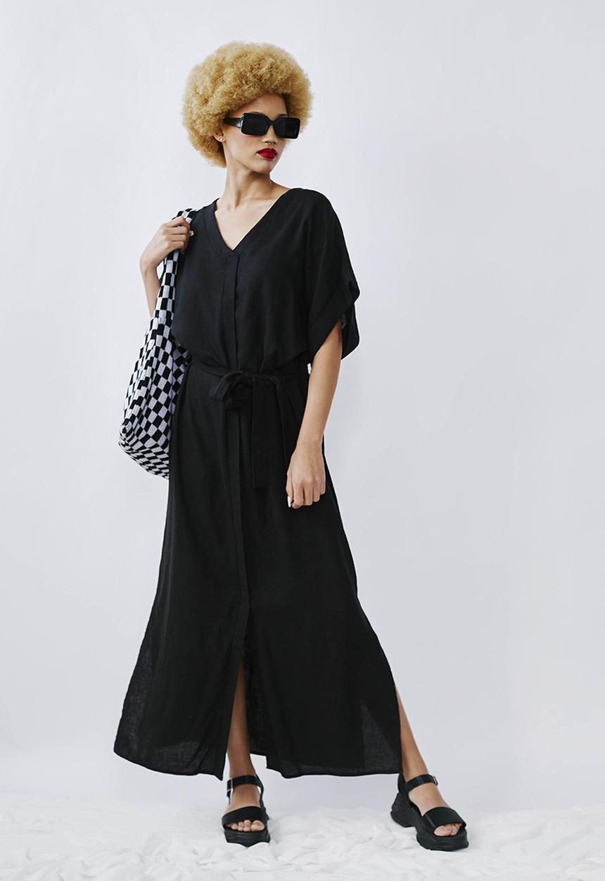 Me&B - Kimono sleeve V-neck button through dress - black