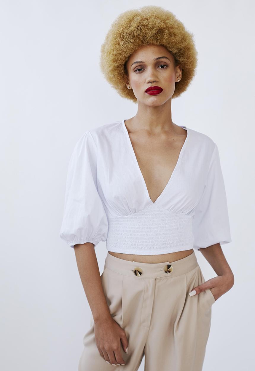 Me&B - Puff sleeve woven top with shirred basque - white