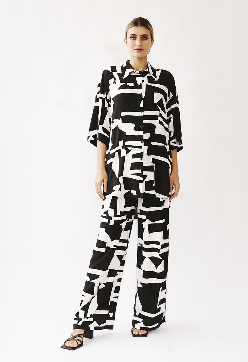 Me&B - Pull-on wide leg pant with tie detail - black & white 