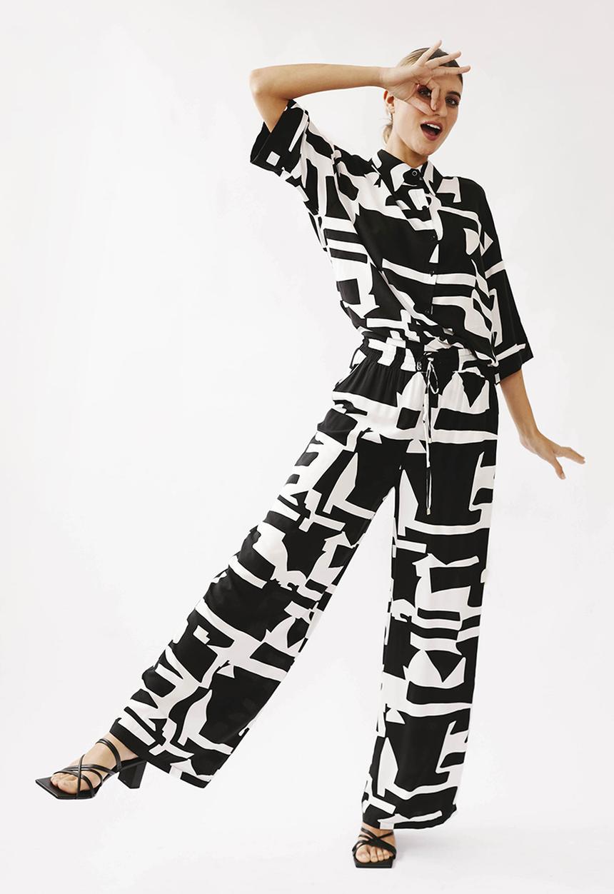 Me&B - Pull-on wide leg pant with tie detail - black & white 