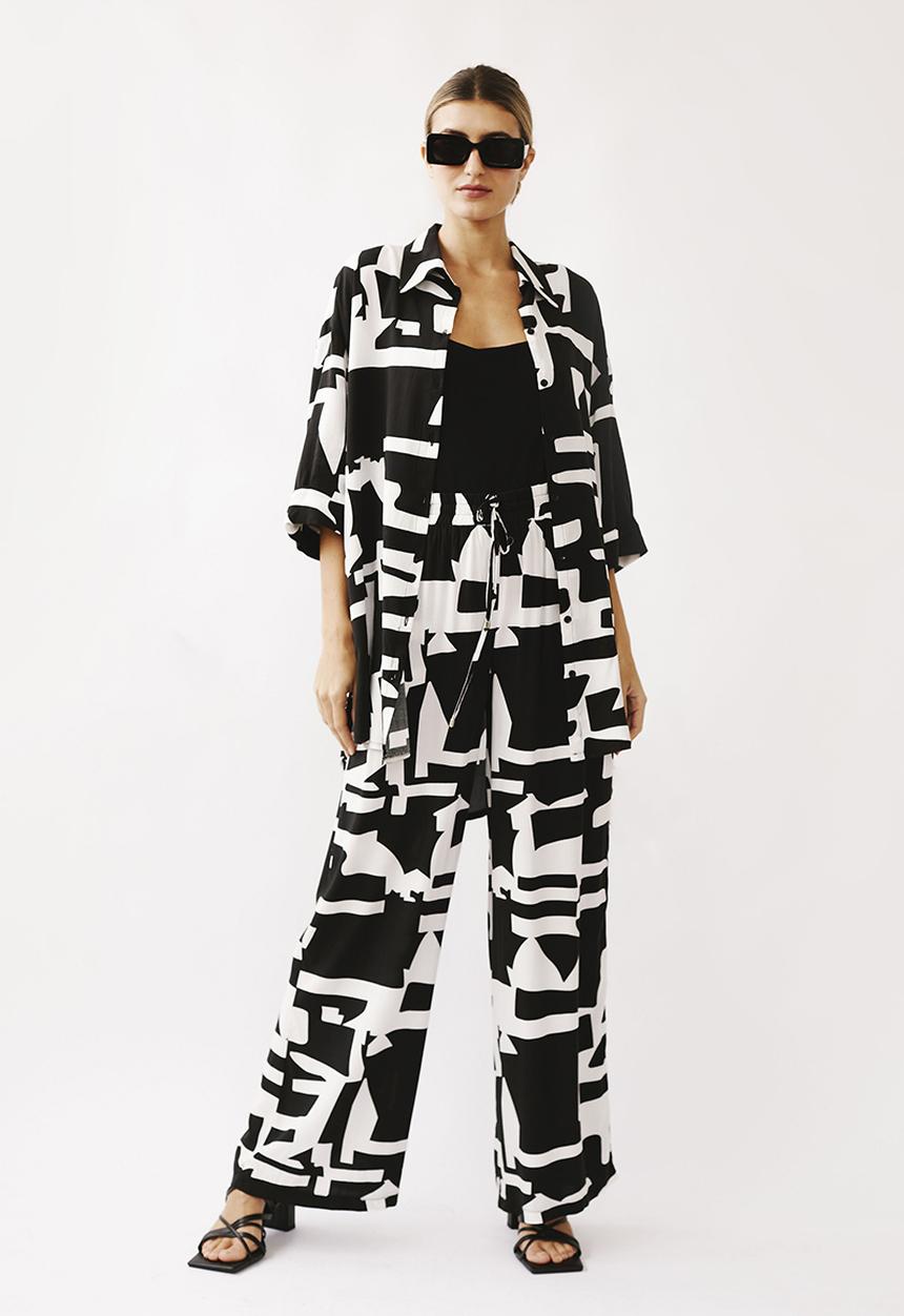 Me&B - Pull-on wide leg pant with tie detail - black & white 