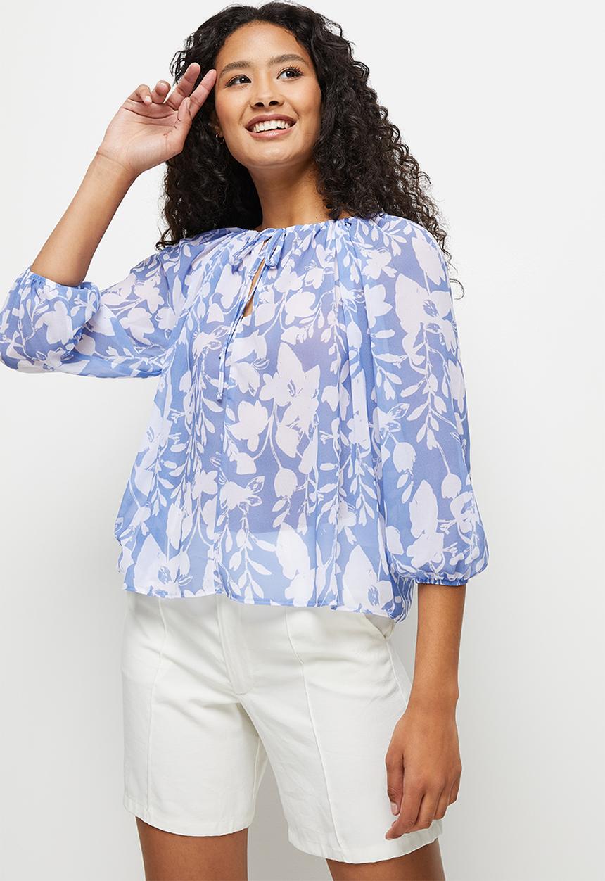 MILLA - Volume keyhole blouse - water colour tropical 