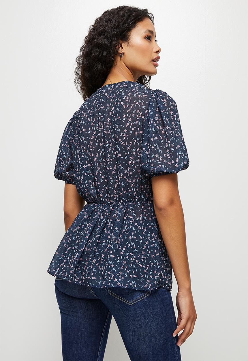 edit - Puffed sleeve peplum blouses - navy