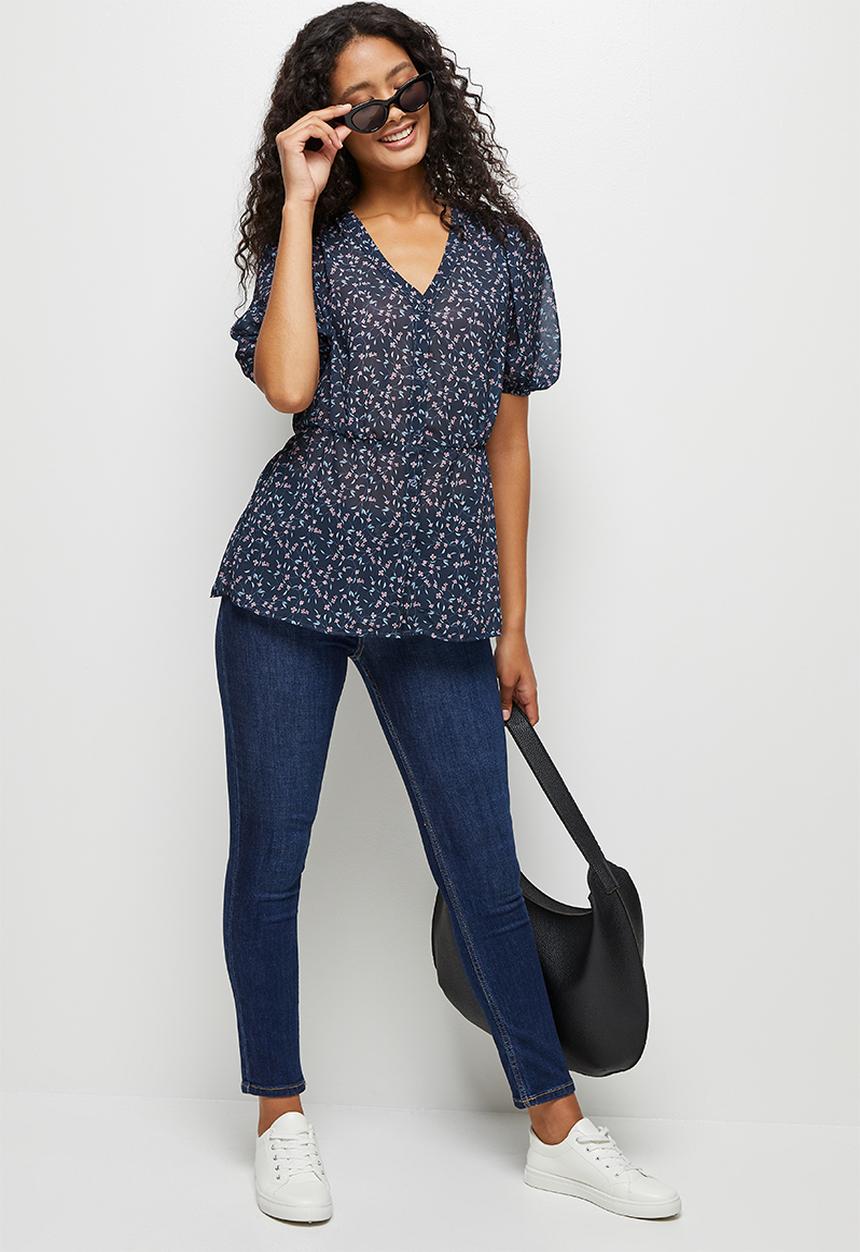 edit - Puffed sleeve peplum blouses - navy