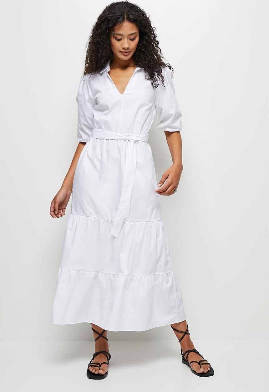 edit - 3/4 Sleeve collar tiered shirt dress - white