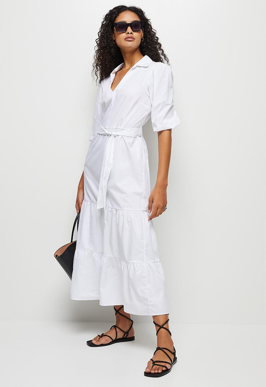 edit - 3/4 Sleeve collar tiered shirt dress - white