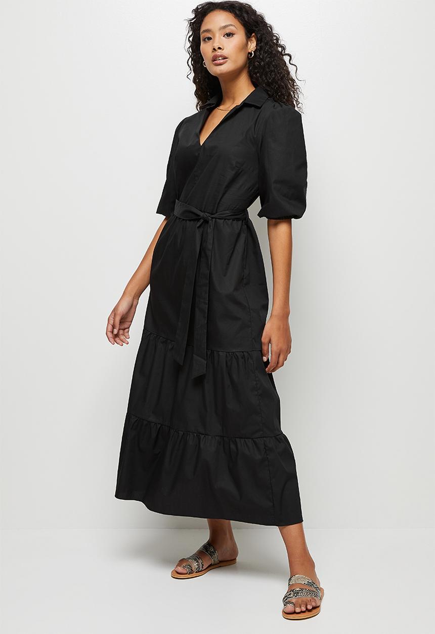 edit - 3/4 Sleeve collar tiered shirt dress - black