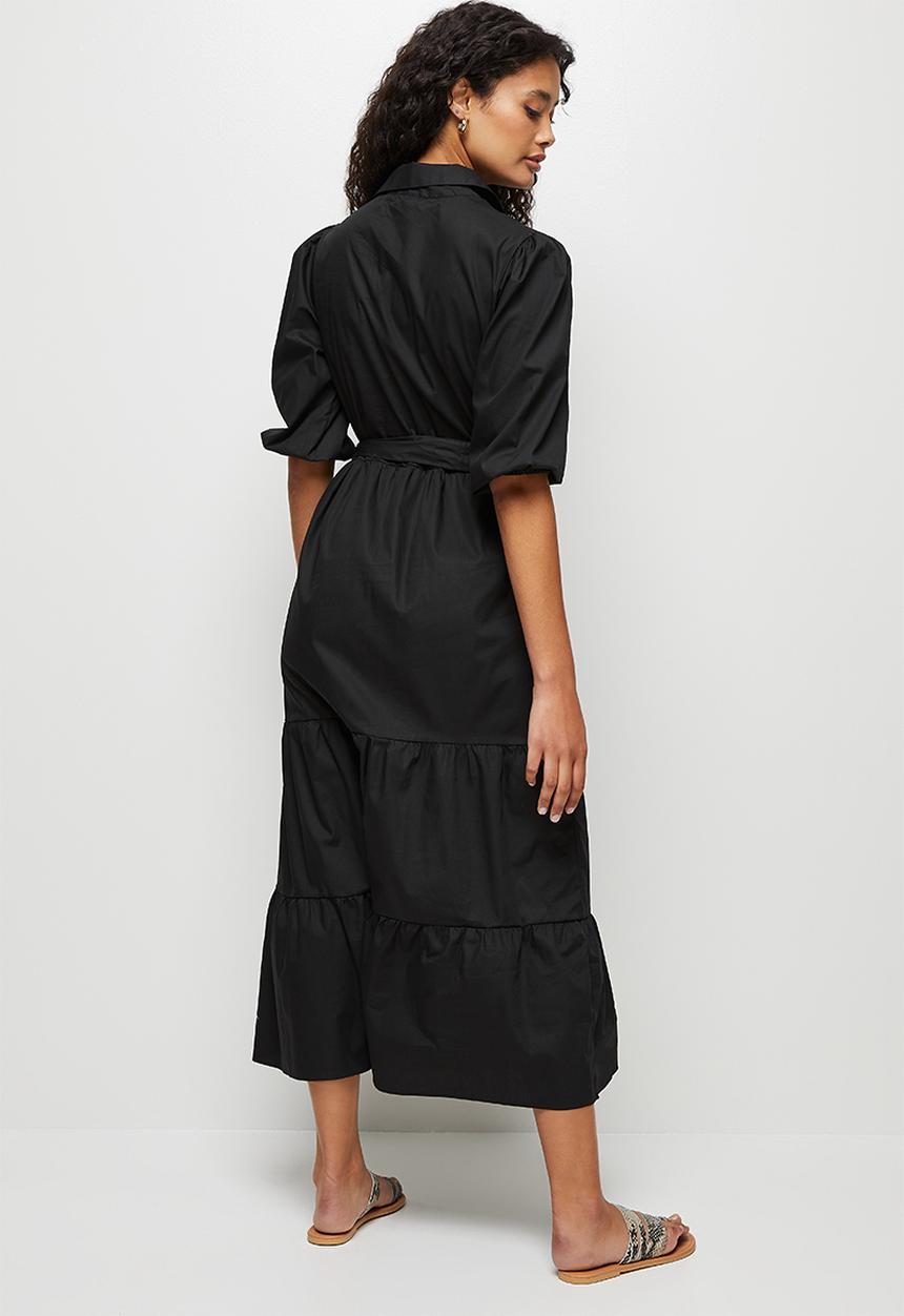 edit - 3/4 Sleeve collar tiered shirt dress - black